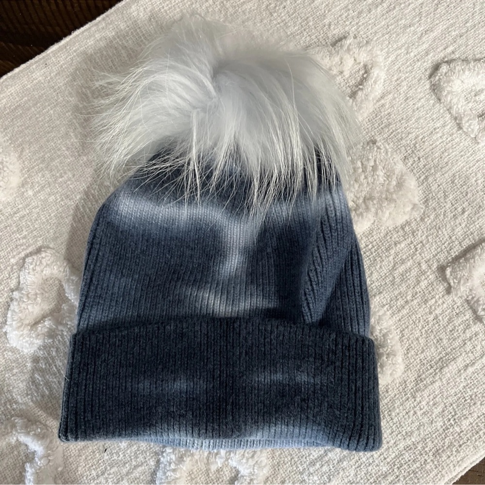 Furlux  Blue Tie-Dye & Fox Fur Pom-Pom Beanie